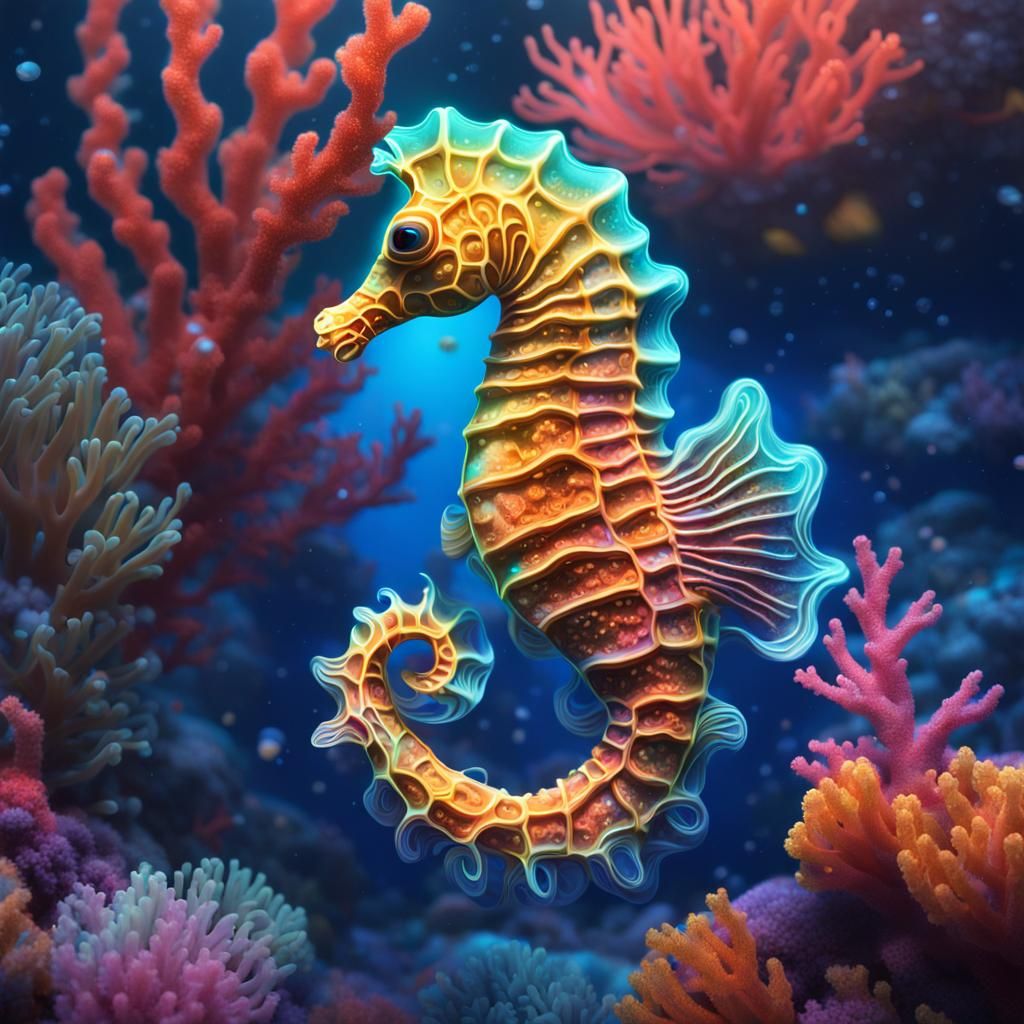 Bioluminescent Seahorse in Vibrant Coral Reef
