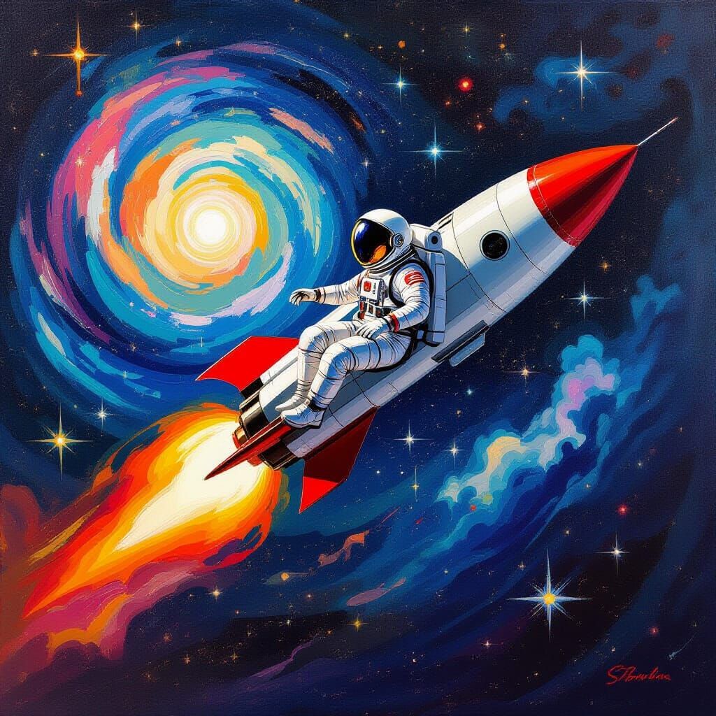 Astronaut Rocket Soaring Through Starry Space