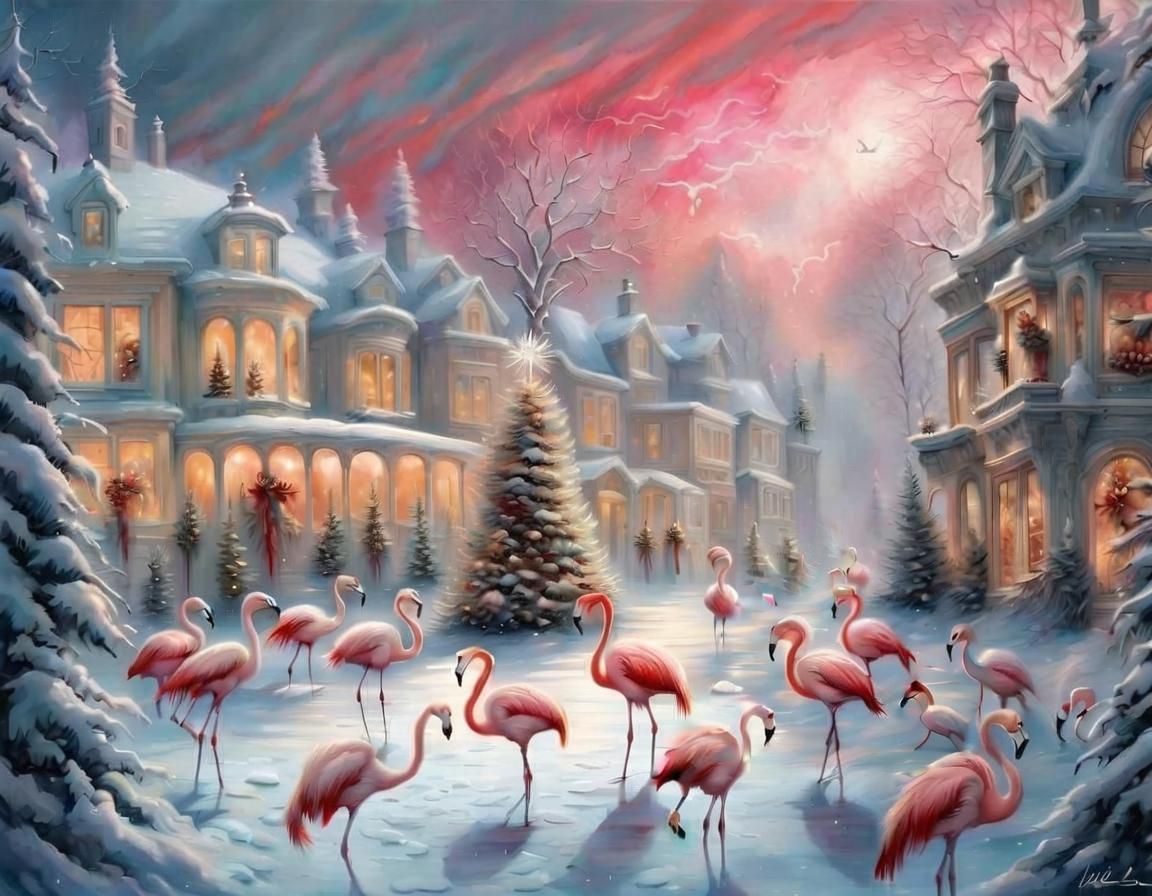 Festive Winter Christmas Scene in Pinks and Blues