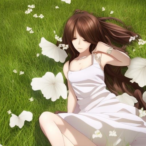 Girl in Grass with Butterflies: Anime Style