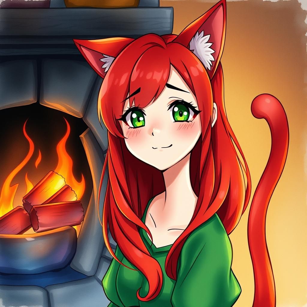 Red-Haired Cat Girl by Fireplace in Watercolor Style