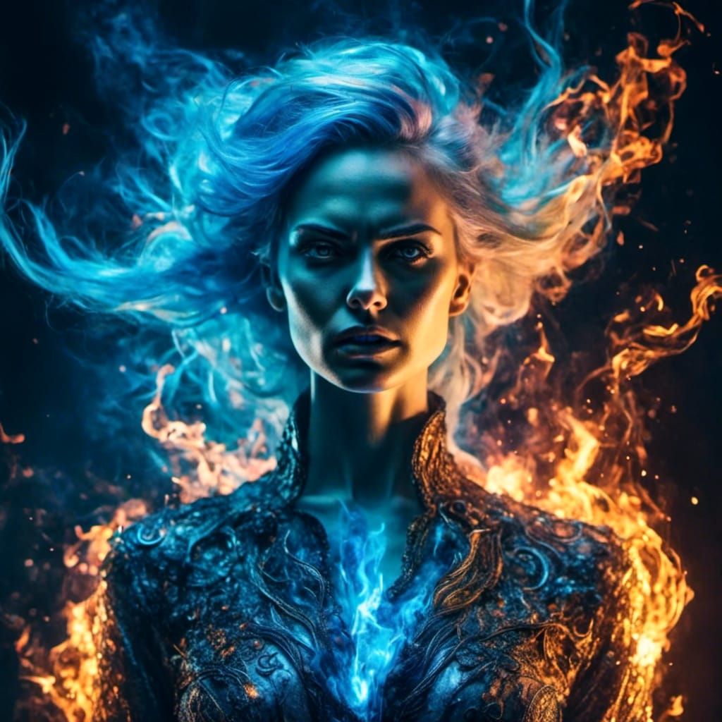 Wrathful Woman Engulfed in Blue Ghost Flames