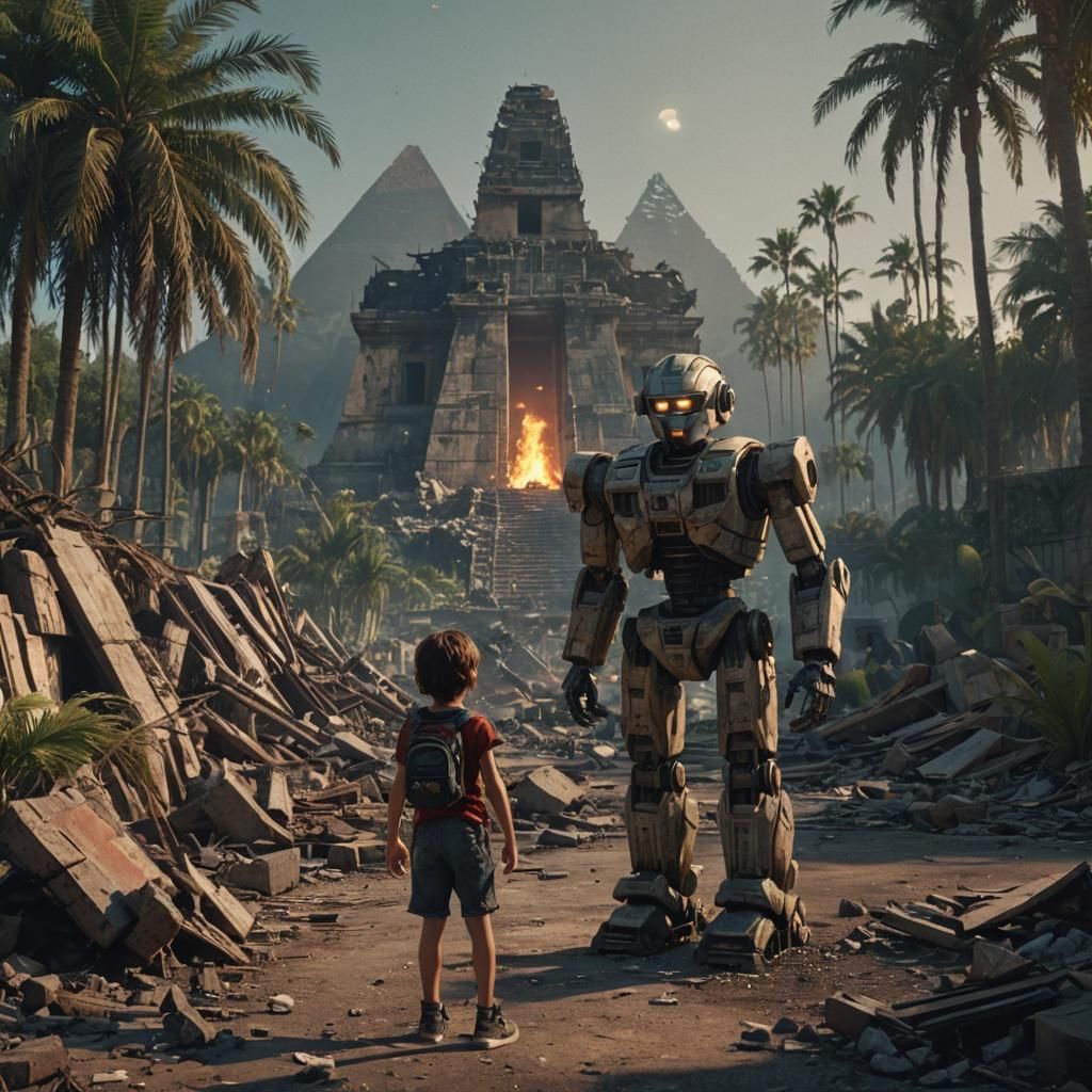 Egyptian Ruin at Night with Robot Companion