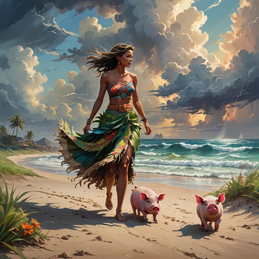 Fantasy Girl and Pig on Tropical Beach