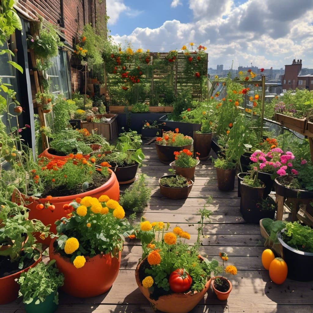 Lush Rooftop Garden Under Sunny Skies