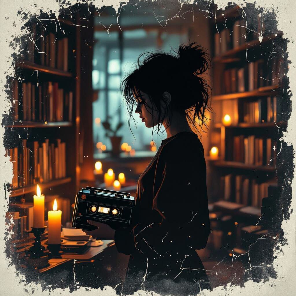 Silhouette Girl in Library with Cassette Player: Glitch-Art