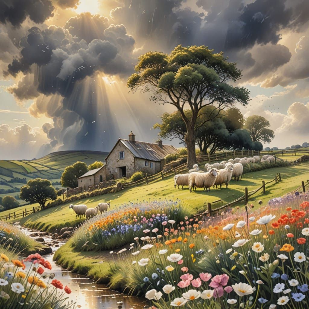 Watercolor Farm with Sheep in 3D Perspective