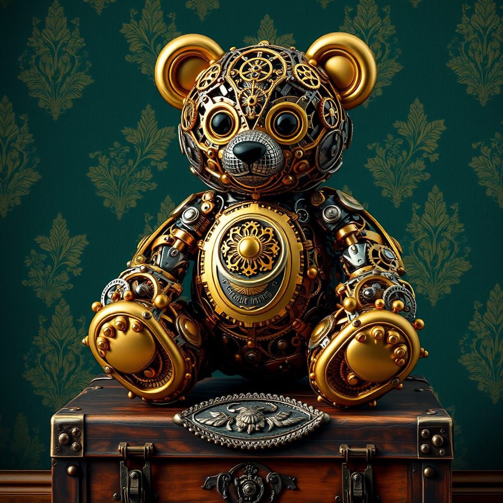 Golden Steampunk Teddy Bear with Whimsical Cogwork and Onyx ...