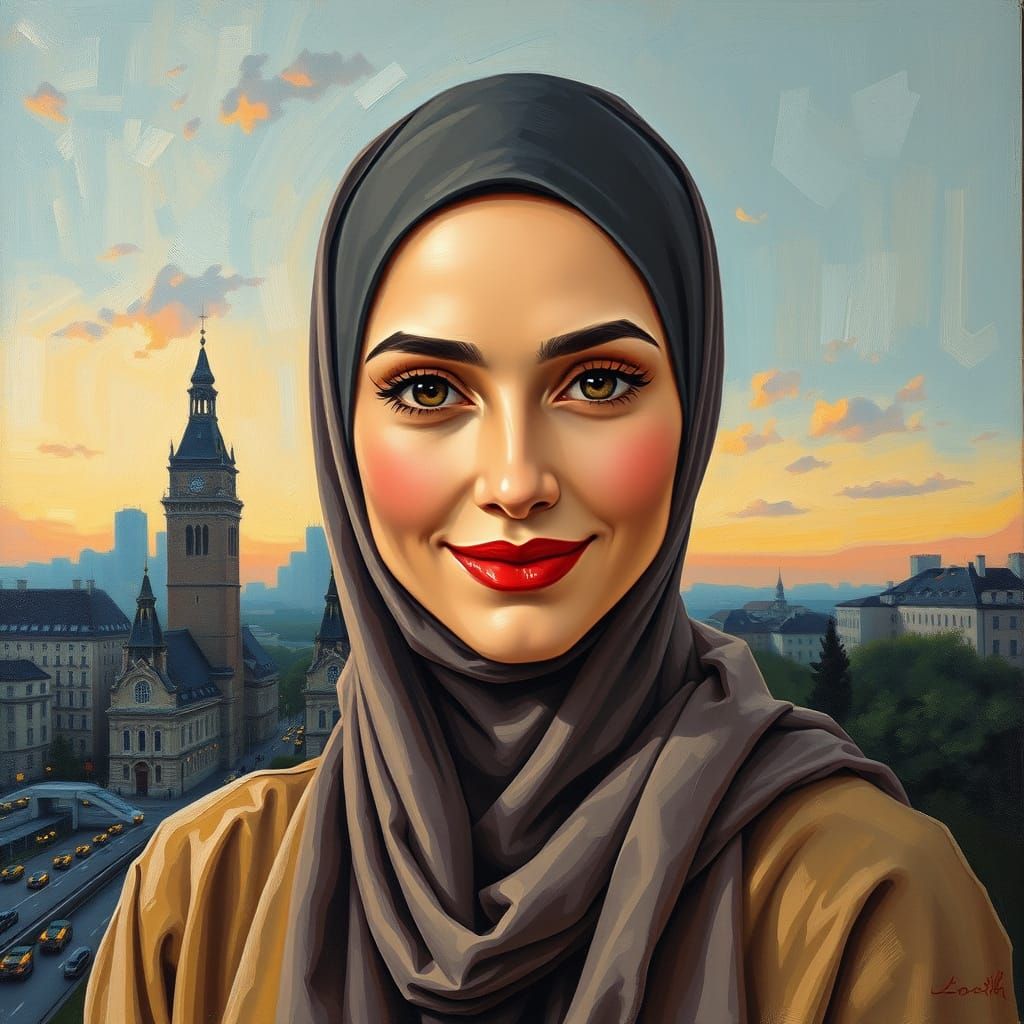 Elegant Hijabi Woman Portrait in Evening City