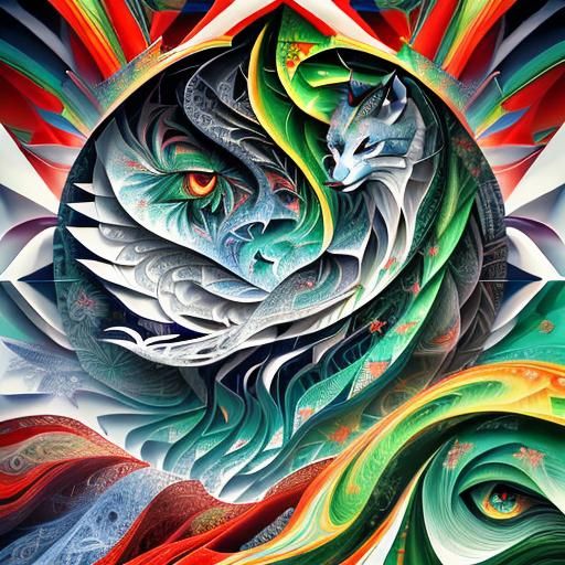 Hyperrealistic Wolf Totem in Abstract Fractal Style