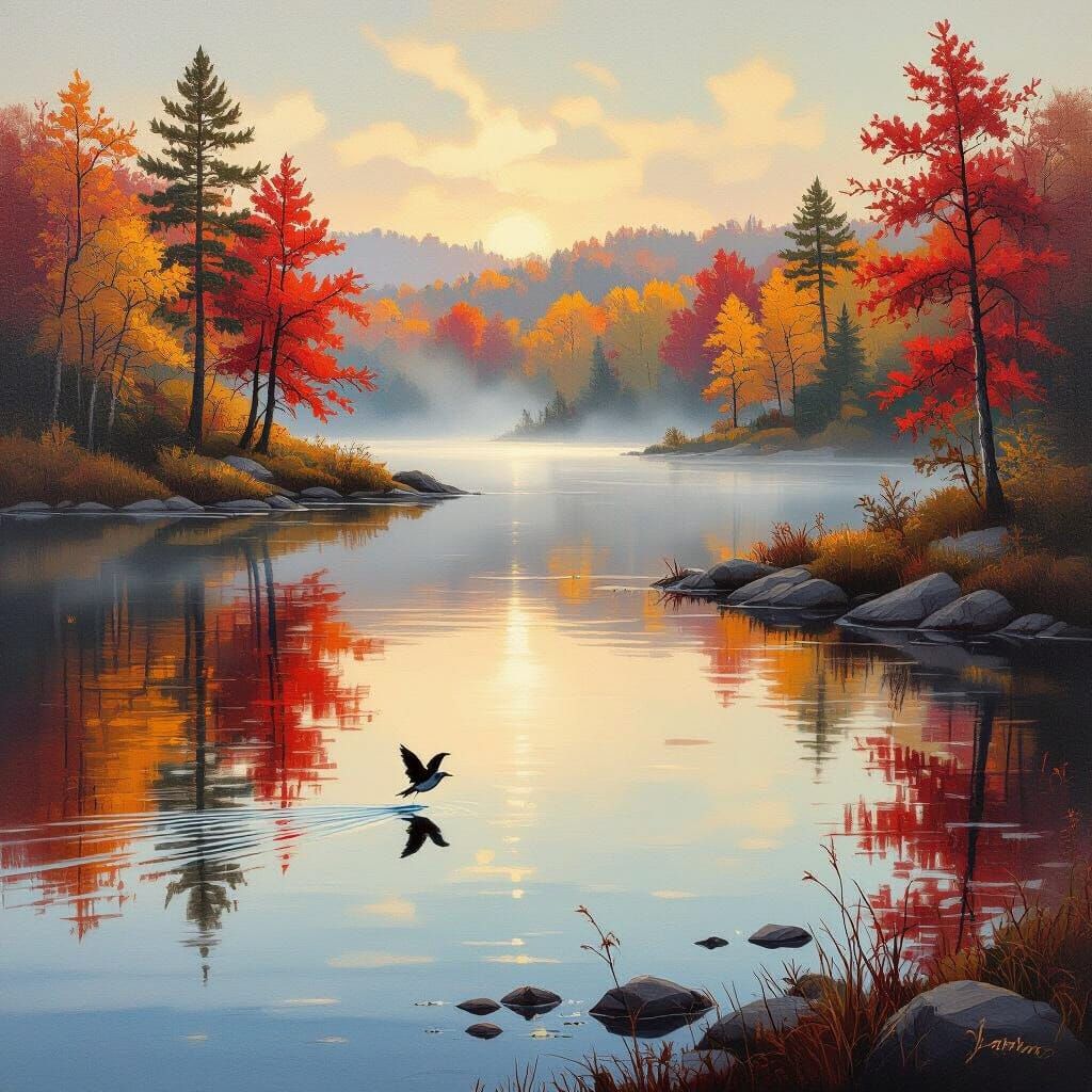 Vibrant Autumn Trees Reflecting in Calm Lake: Hudson River S...