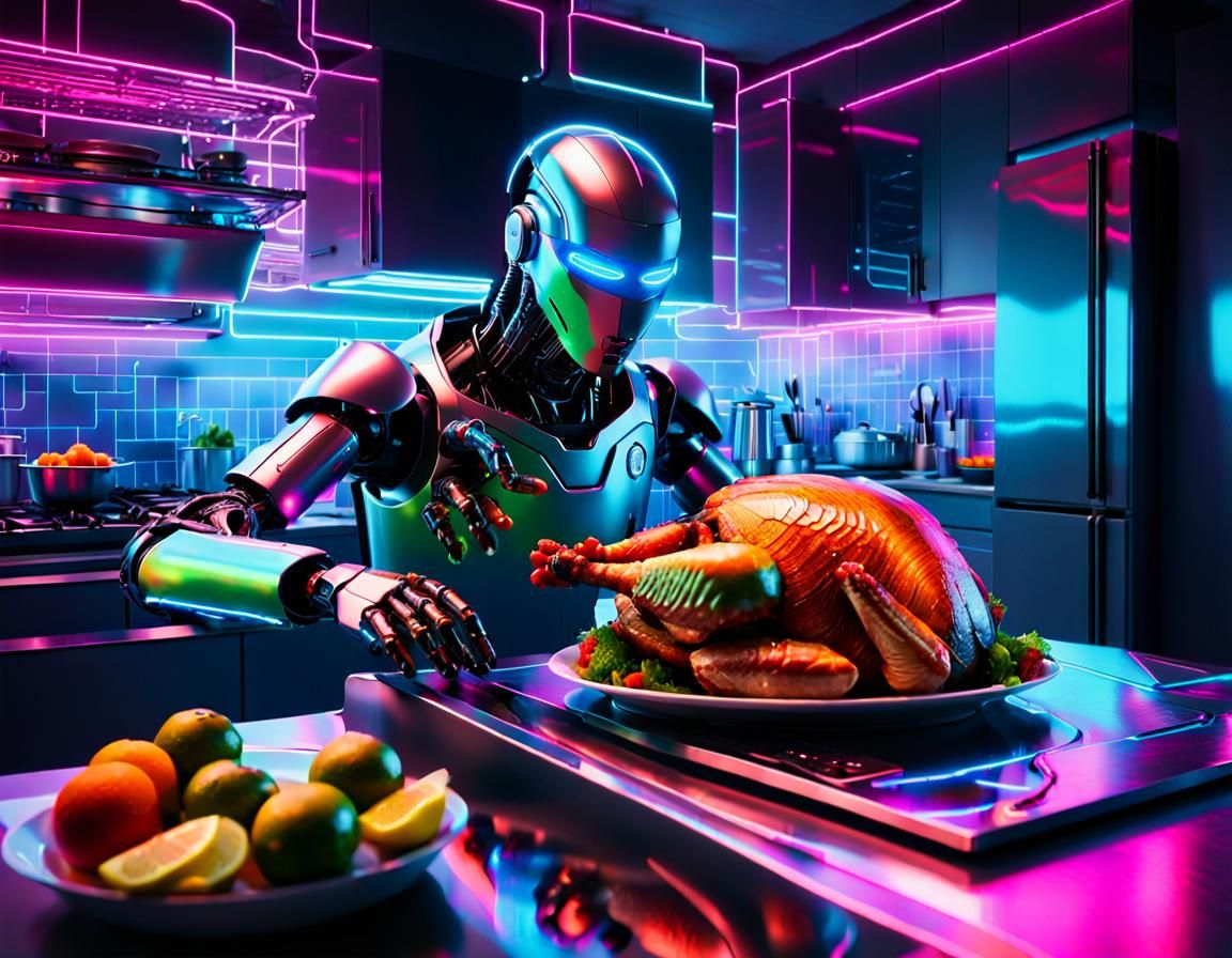Cyberpunk Robot Devours Futuristic Thanksgiving Turkey