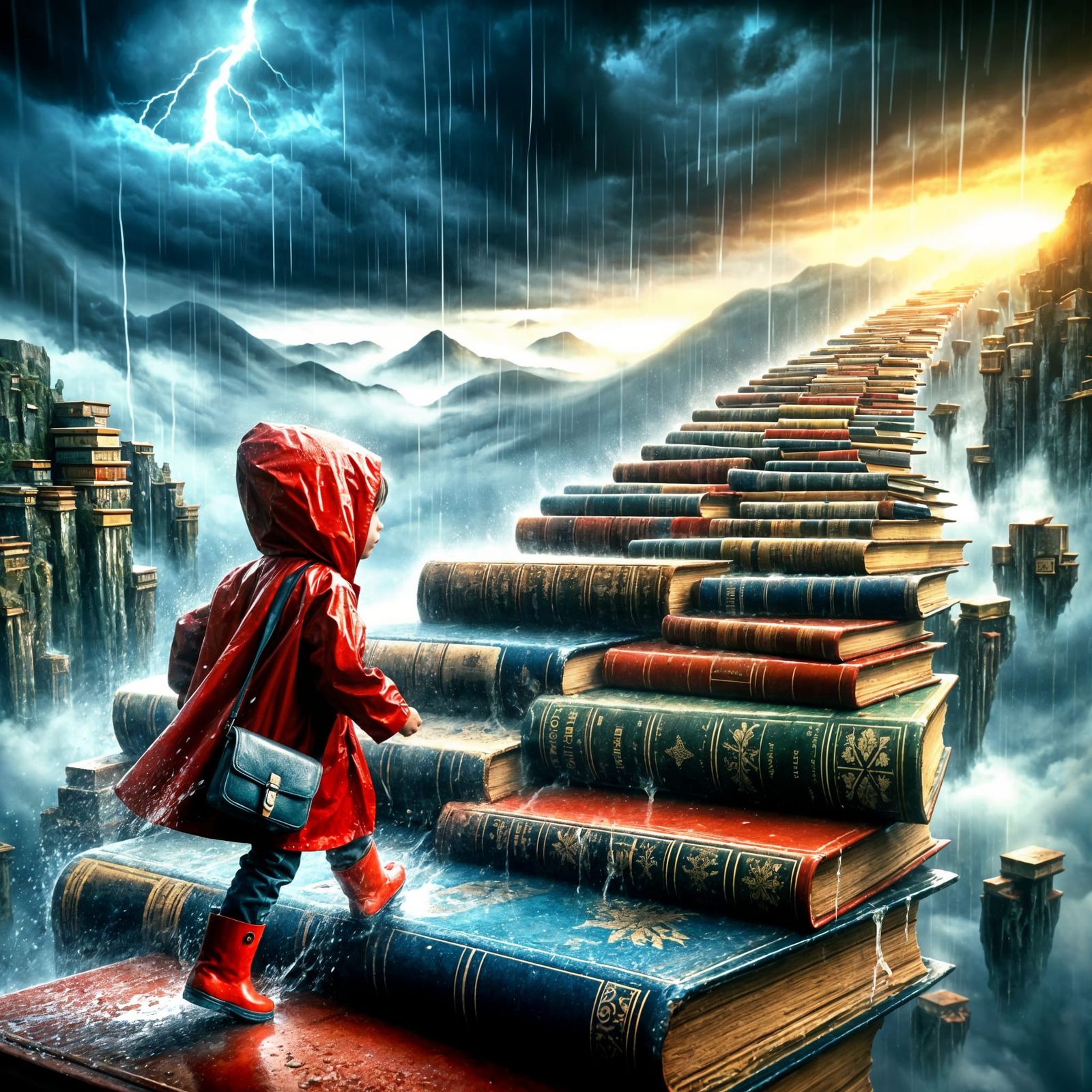 Child's Stormy Ascent: Book Stairway in Surreal Style