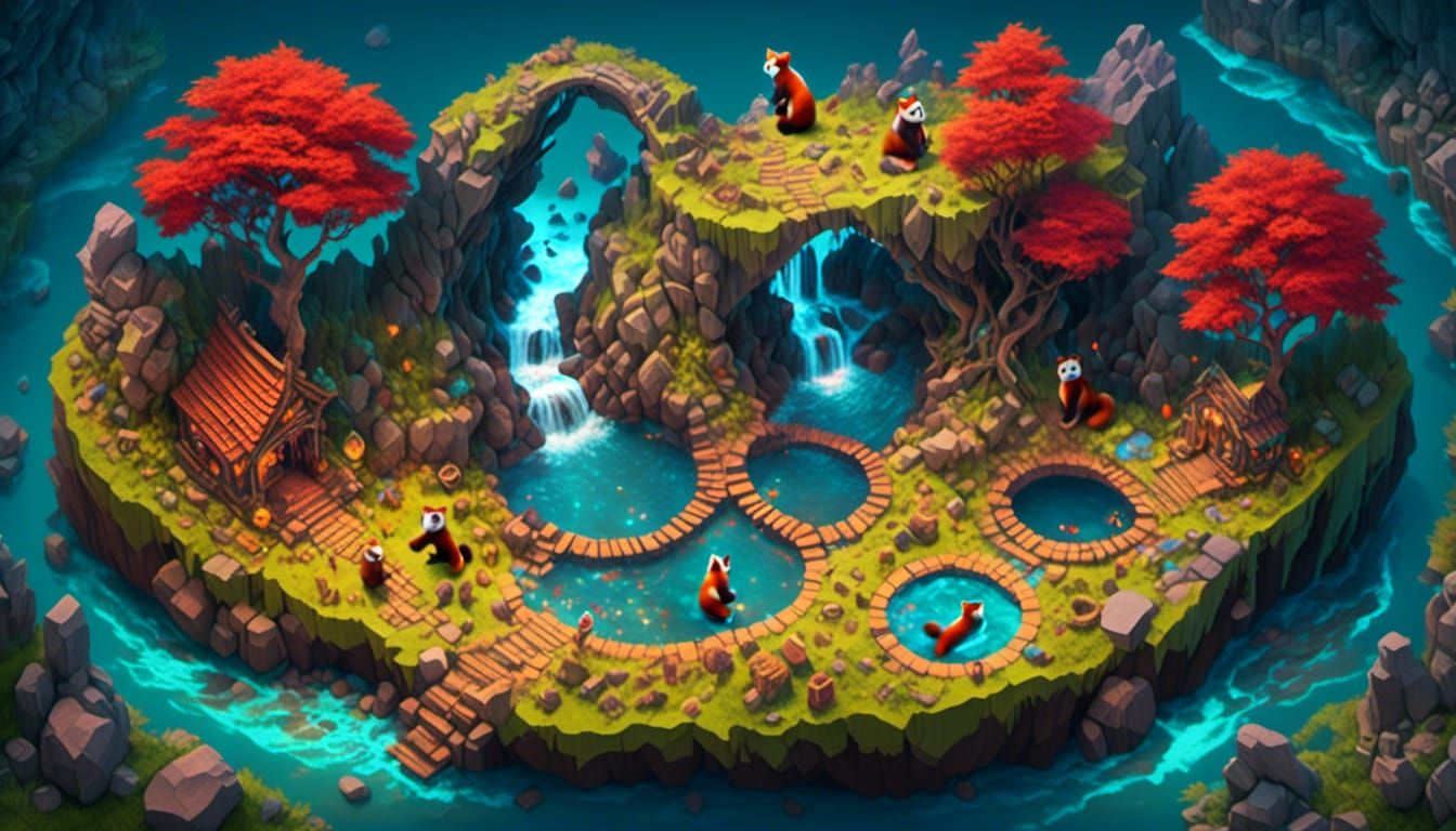 Red Pandas Play in Infinity Pool: Isometric View