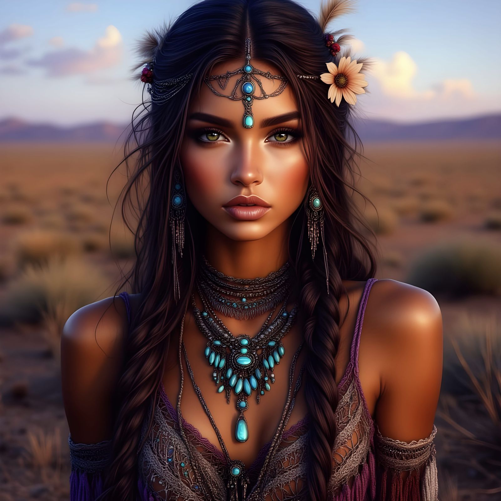 Native American Woman with Turquoise Jewelry in Bohemian Sty...