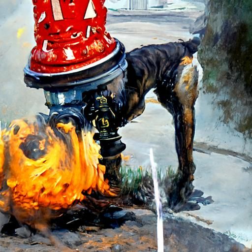 Dog Peeing on Fire Hydrant as Oil Painting