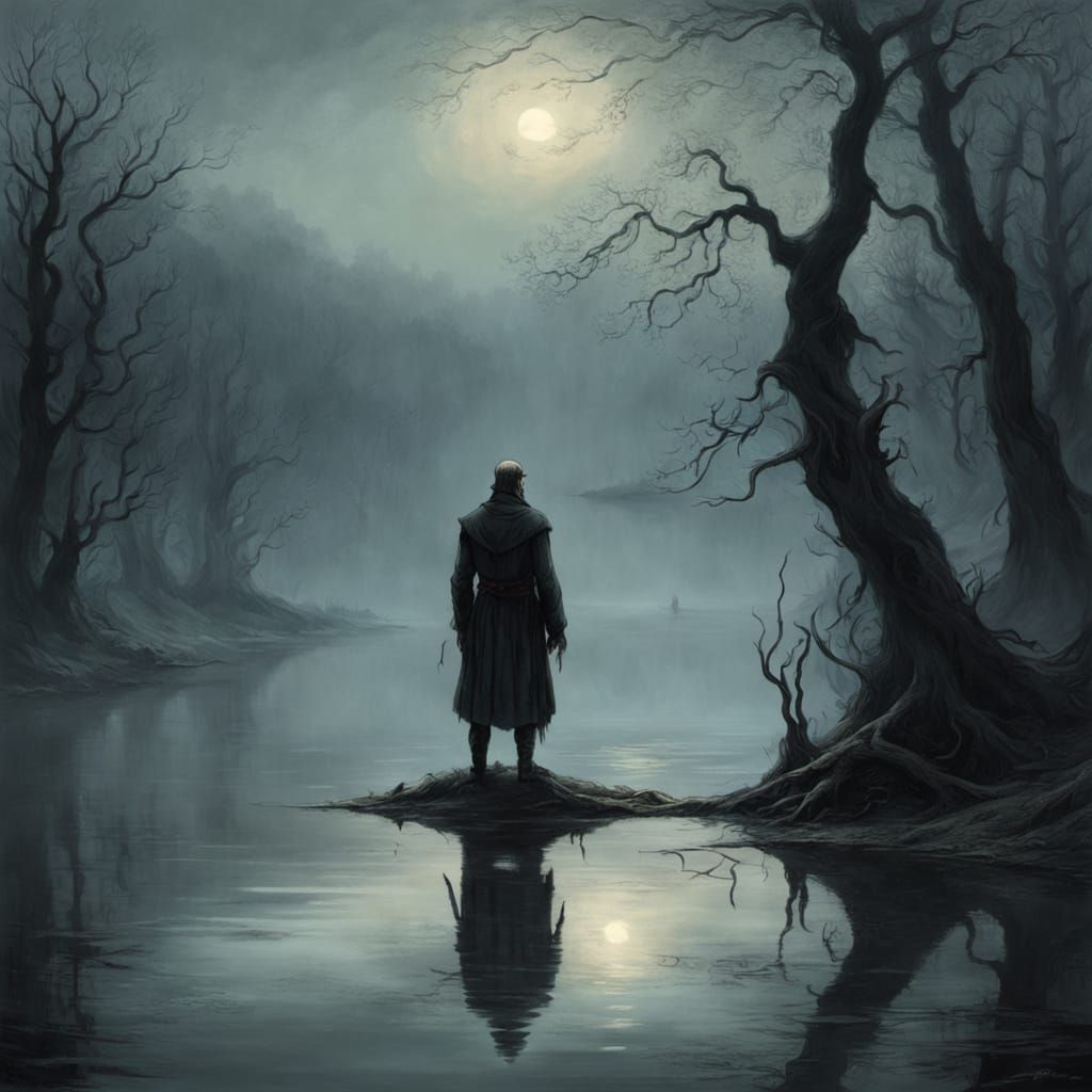 Ethereal Figure Reflecting in Misty Lake: Horror Art
