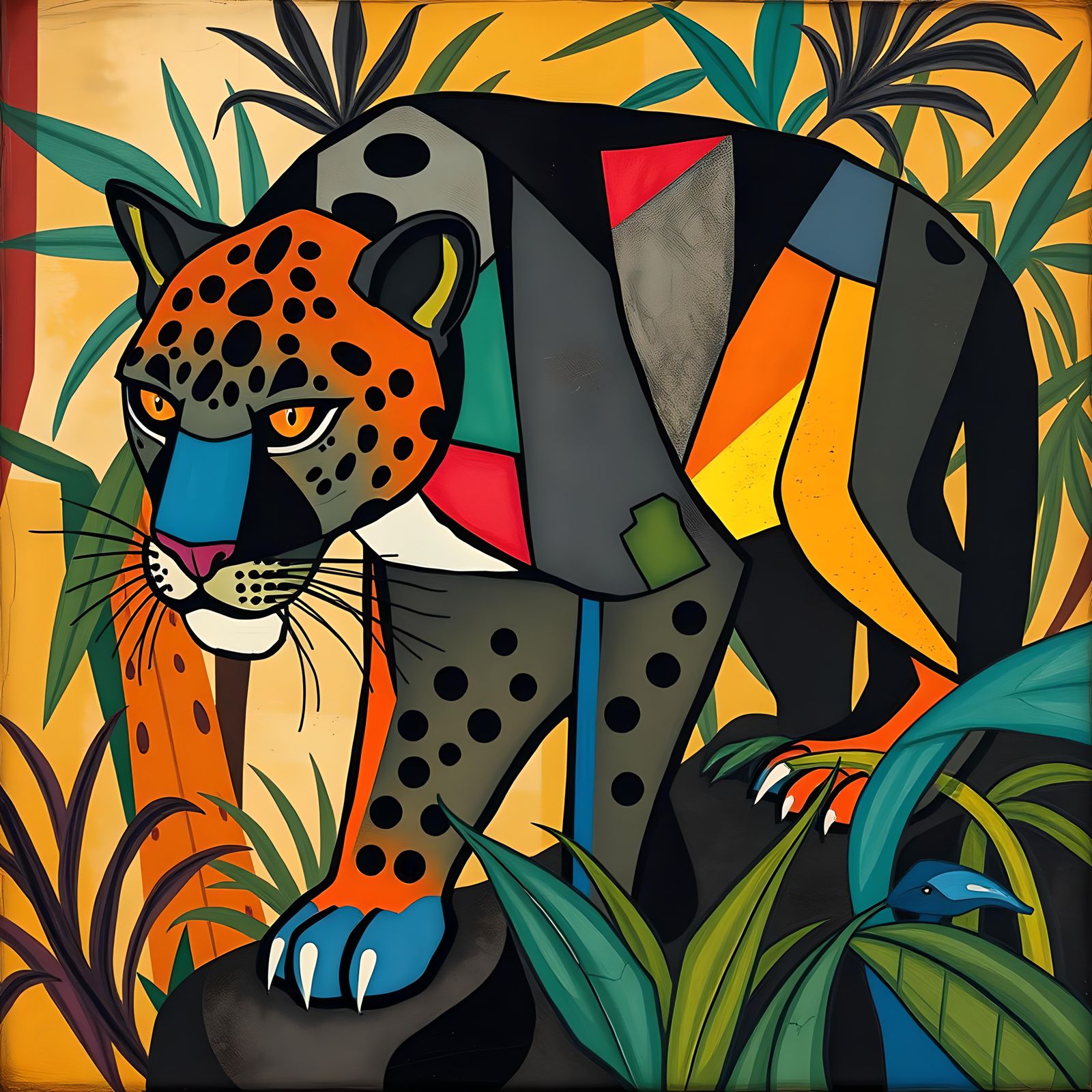 Cubist Panther in Jungle Illustration