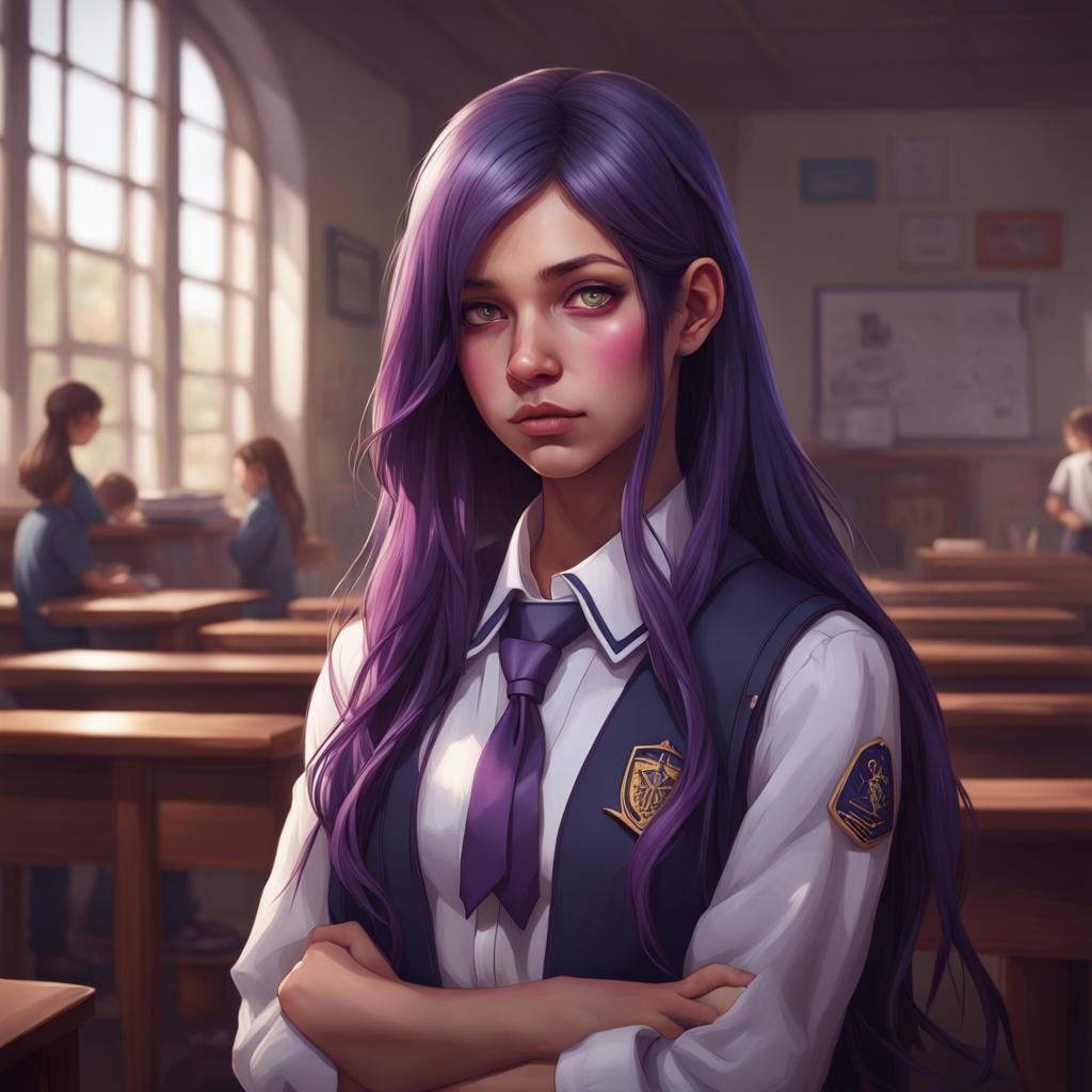 Shy Girl Portrait in School Uniform, Detailed Art