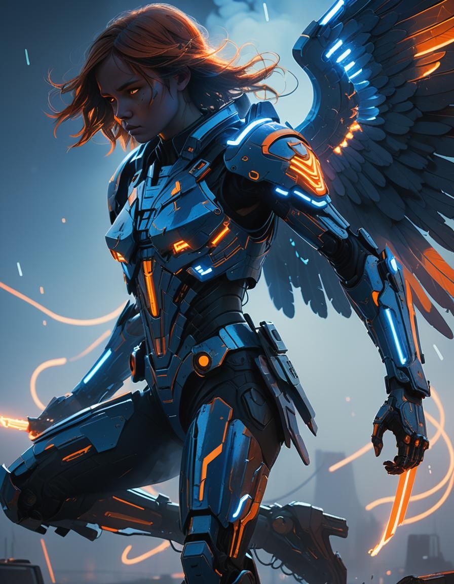 Battle Angel in Neon Cyberpunk Illustration Style