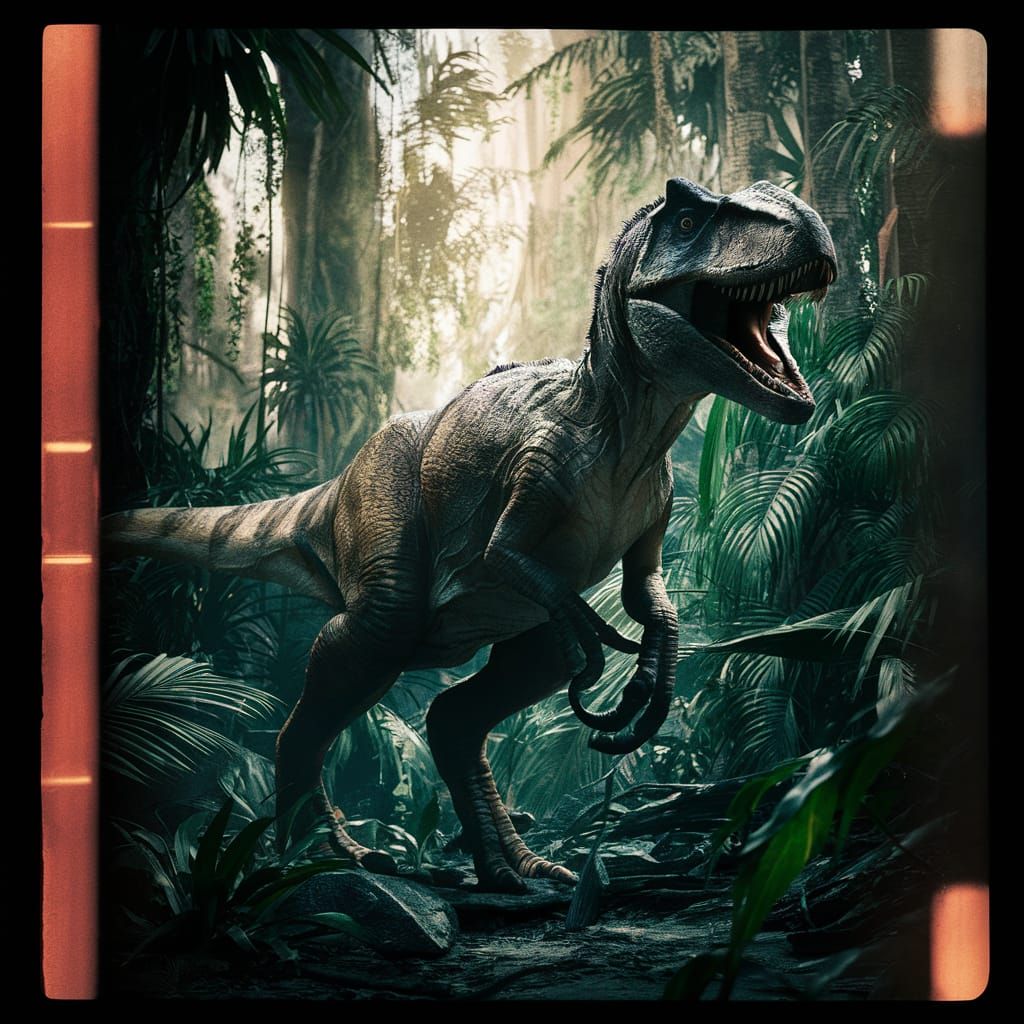Dramatic Velociraptor in Jungle, Cinematic Film Still