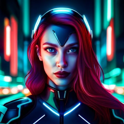 Cyborg Girl in Neon City: Hyperrealistic Portrait