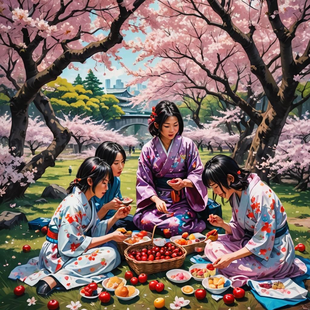 Japanese Women's Picnic: Graffiti Art Under Cherry Blossoms