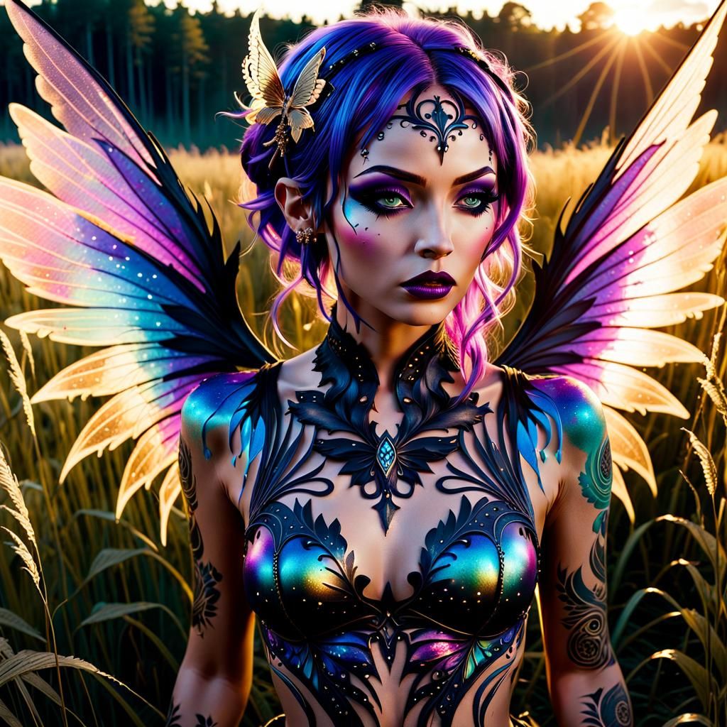 Mud-Covered Fairy with Glowing Wings in Gothic Fantasy