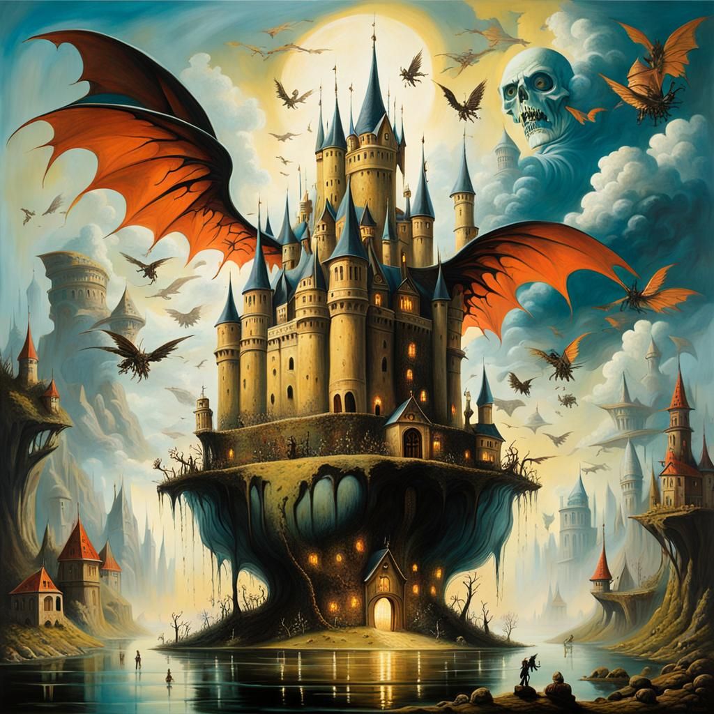 Surreal Floating Castle with Zombie Inhabitants