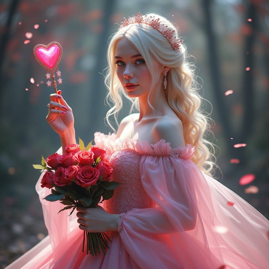Ethereal Russian Noblewoman in Pink Gown with Roses and Wand