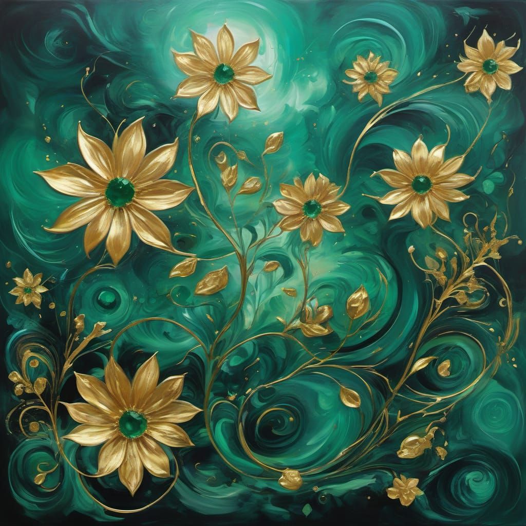 Surreal Emerald and Gold Floral Painting