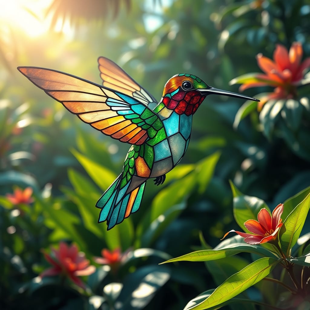 Iridescent Hummingbird with Stained Glass Wings
