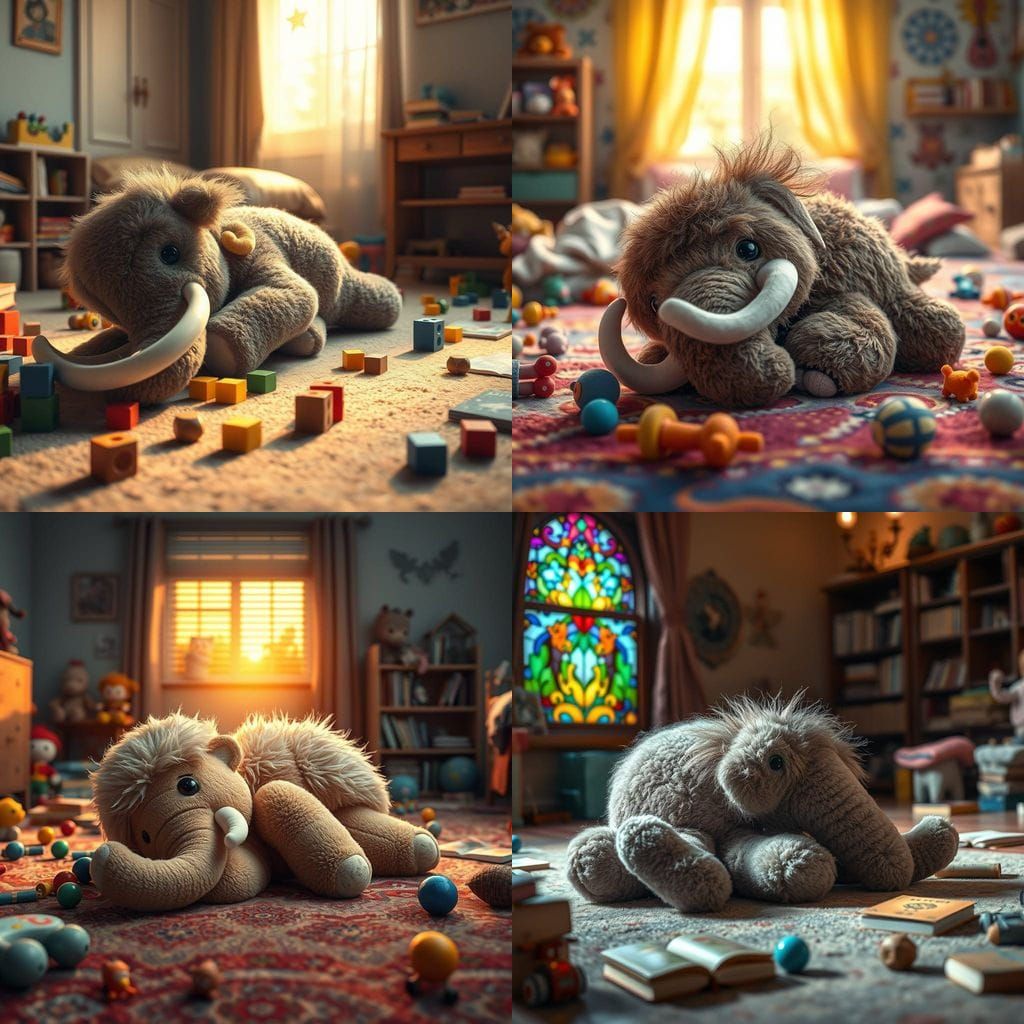 Surreal Scene of a Fallen Woolly Mammoth in a Child's Bedroo...