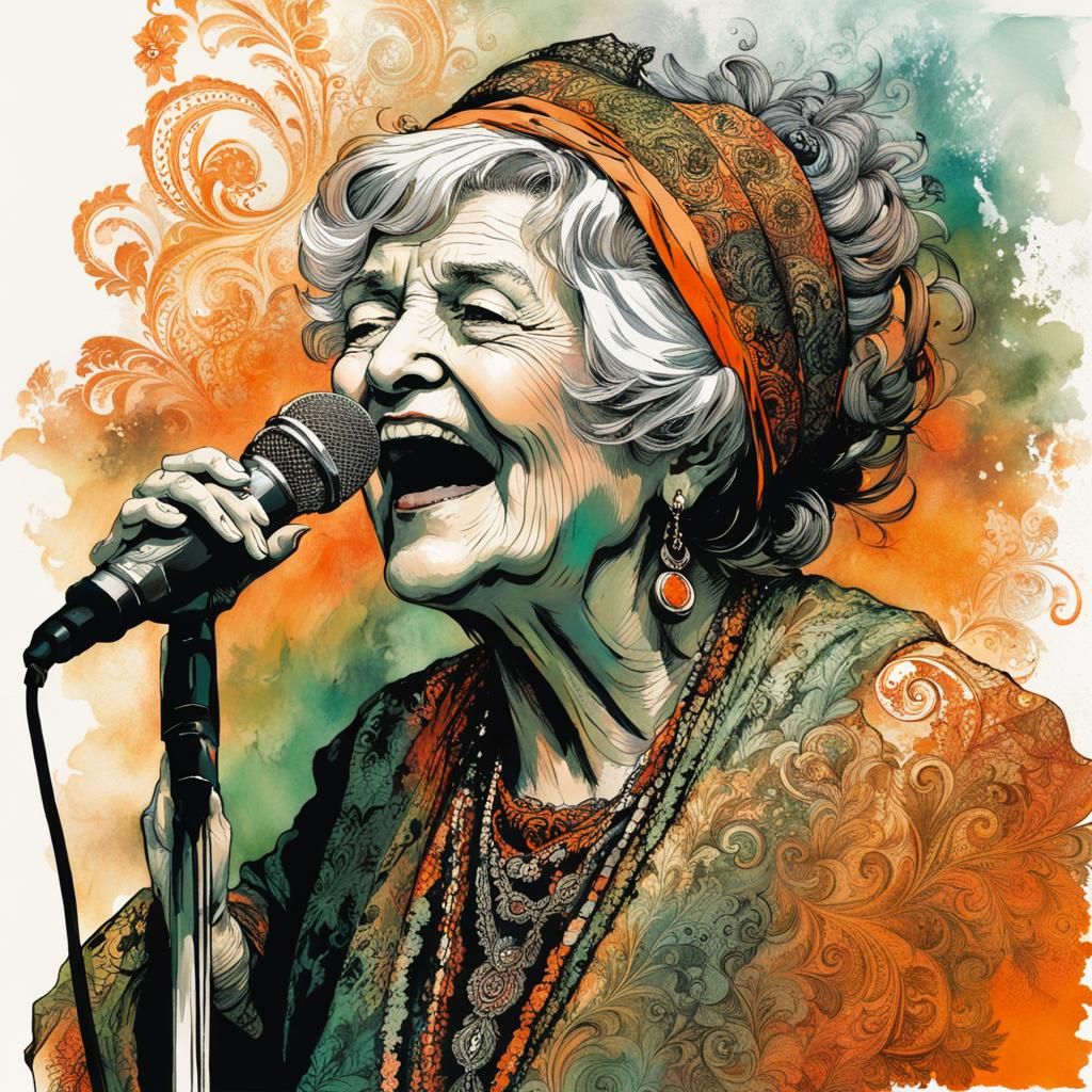 Grandma Sings: Art Deco Portrait with Hellenistic Elements