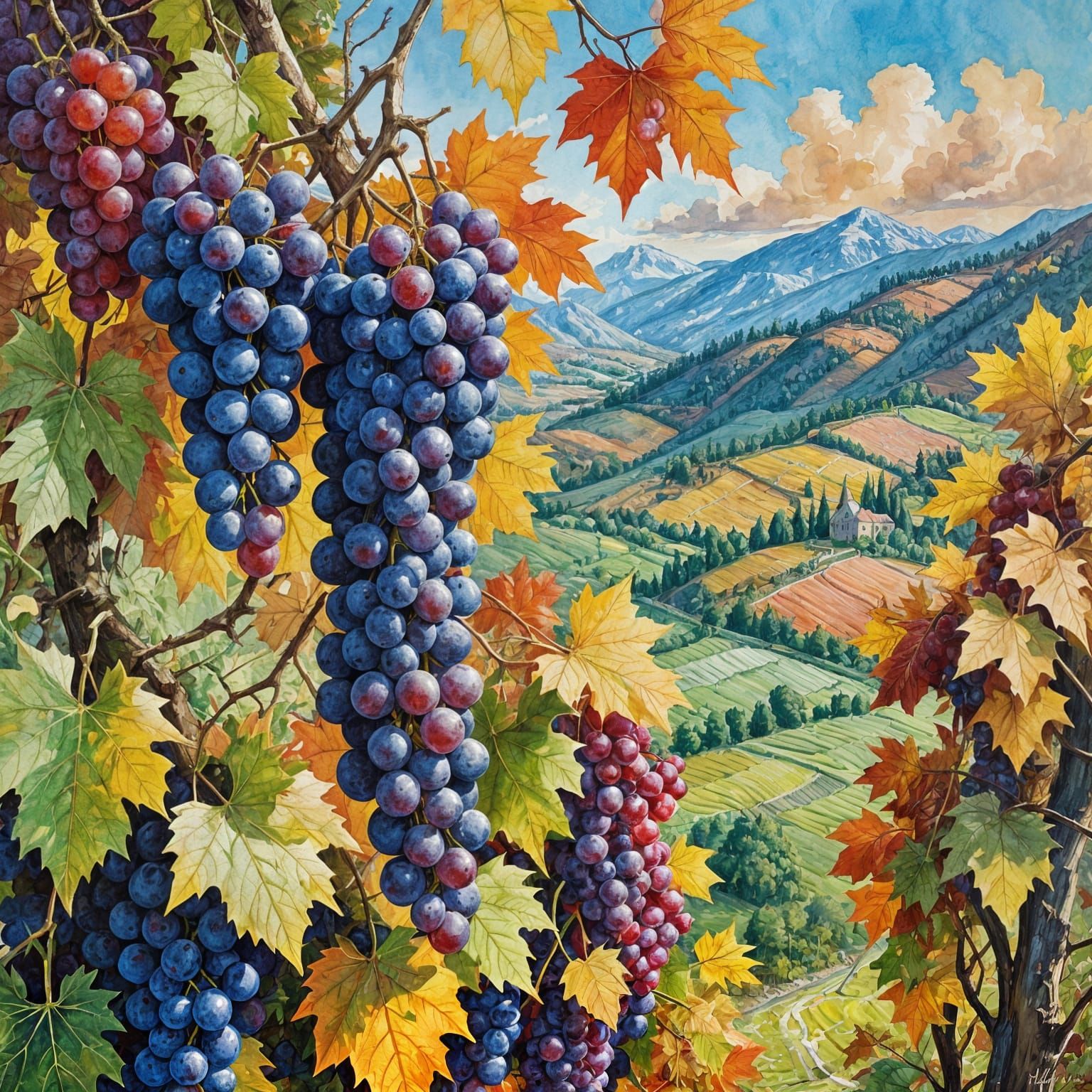 Impressionist Autumn Masterpiece with Grapes and Mountains