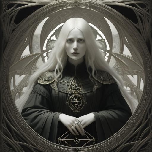Eerie Albino Woman on Gothic Throne in Pre-Raphaelite Style