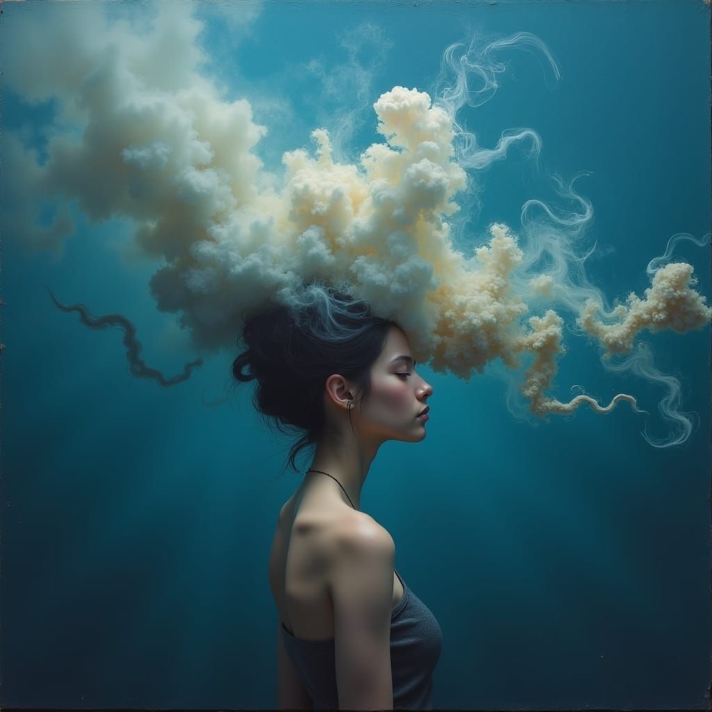 Serene Woman in Smoky Abstract Landscape