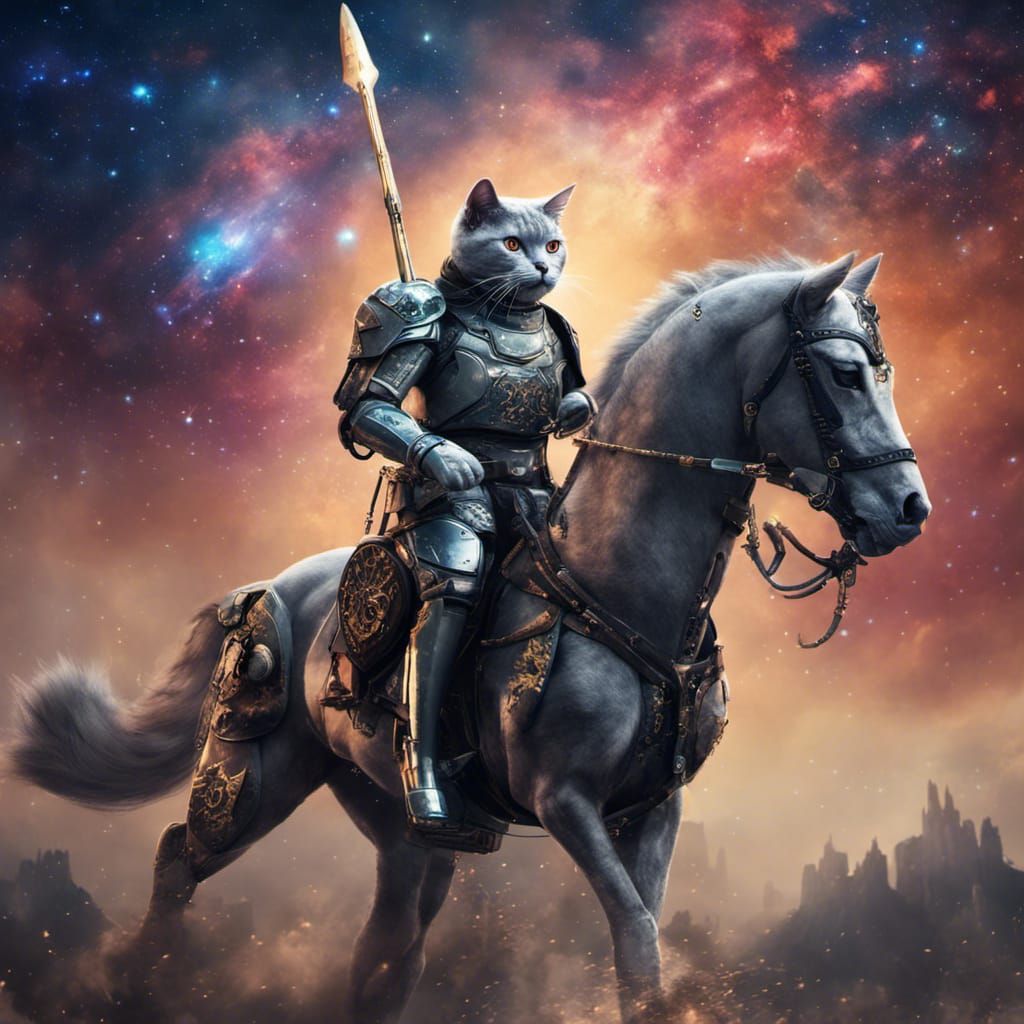 British Shorthair Cat Warrior on Robot Horse