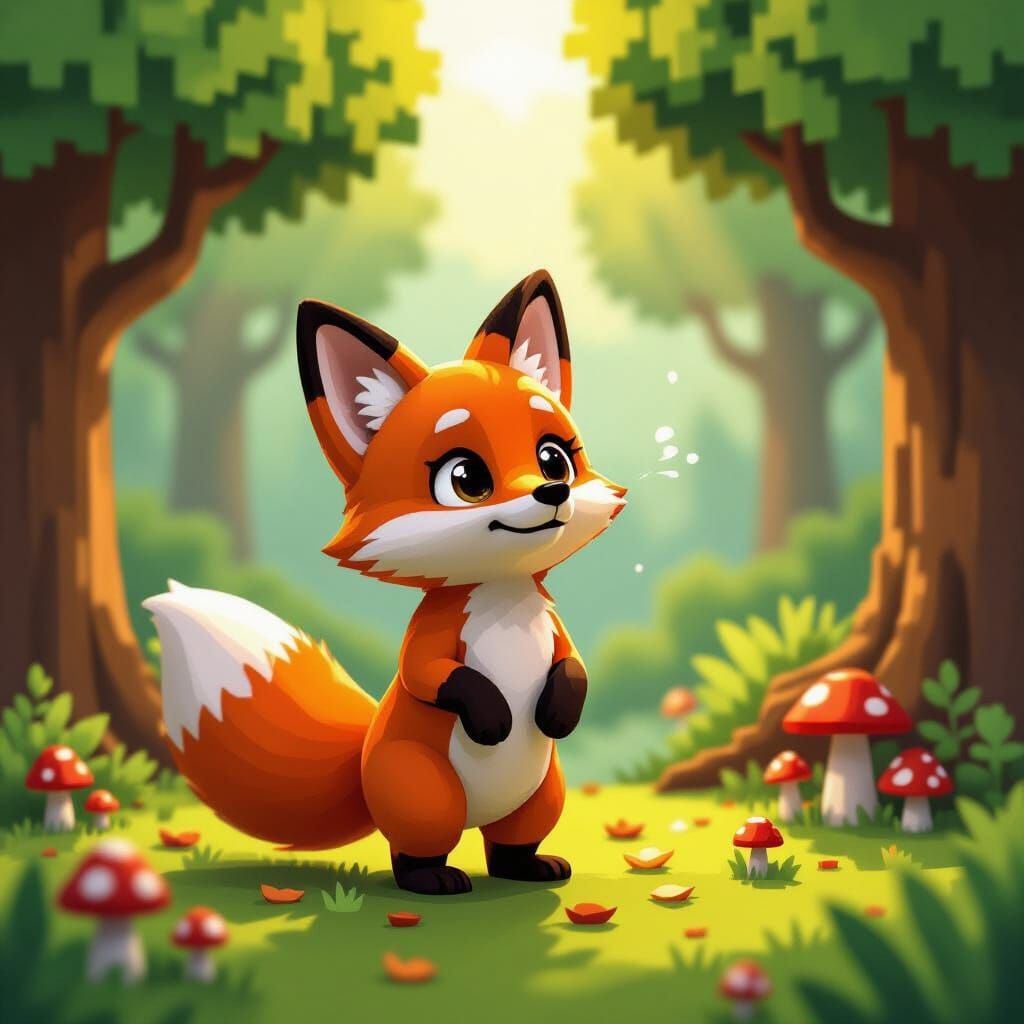Cute Voxel Fox in Lush Forest