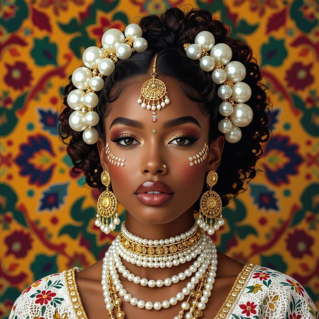 Panamanian Woman with Pearl Tembleques and Mola Design