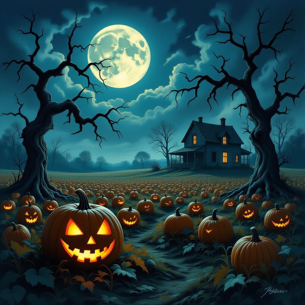 Halloween Night: Pumpkin Patch Under Full Moon