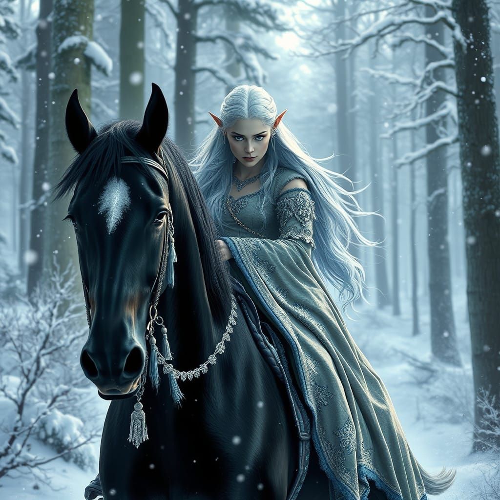 Elven Queen Rides Majestically into Winter Wonderland
