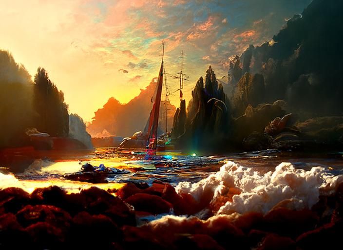 Ship Sailing on Dark Seas: Hyperrealistic Painting