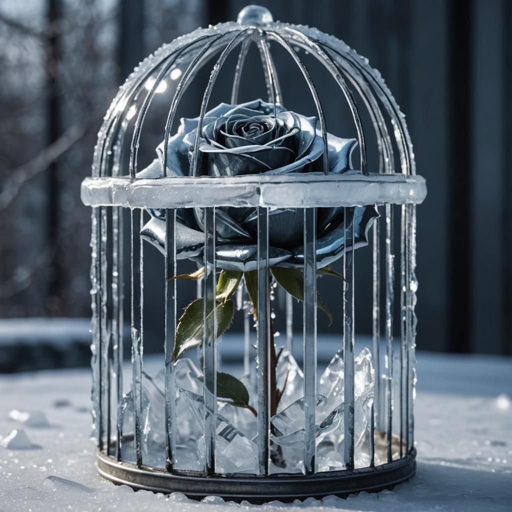 Steel Rose Obscured by Ice Cage: Still Life