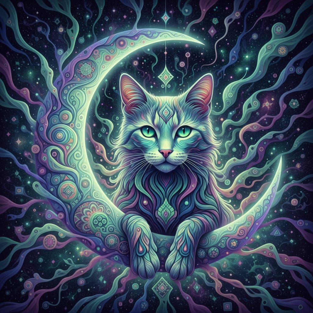 Psychedelic Cat Merging With Moon in Swirling Pastels