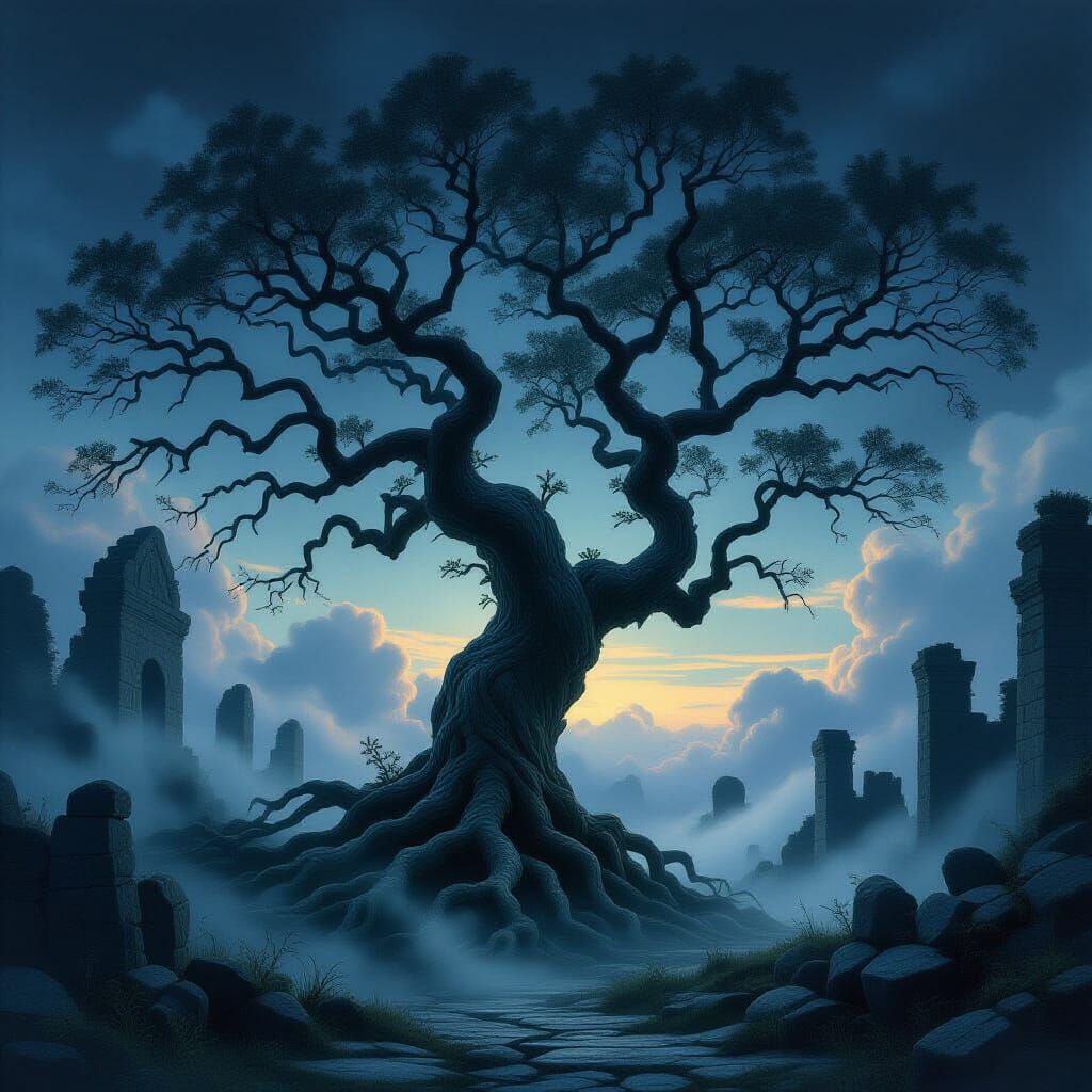 Ancient Tree Amidst Ruins in Twilight Mist