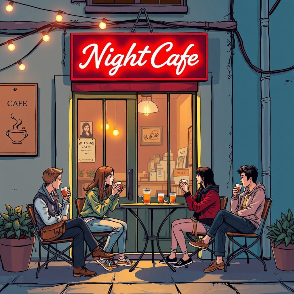 Friends Gather at NightCafe Under Starry Skies