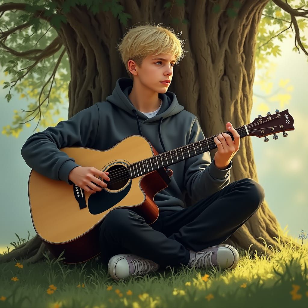 Teenage Boy Plays Guitar Under Sunlight