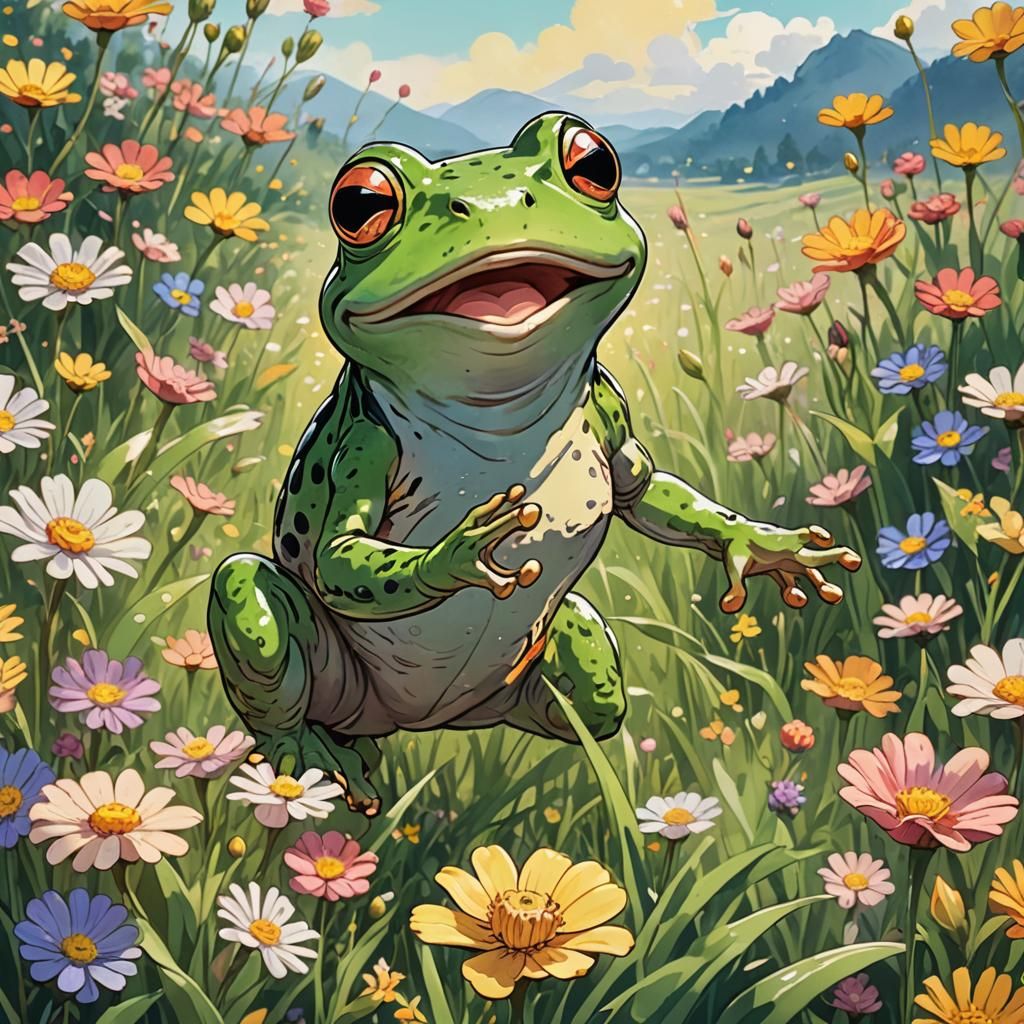 Happy Frog Leaping in Anime-Style Flowery Field