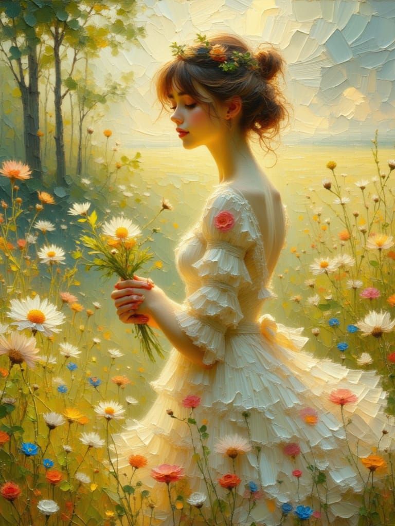 Woman Gathers Wildflowers in Sun-Dappled Meadow